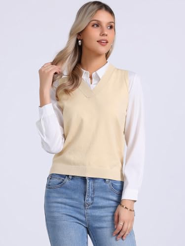 Image of Allegra K Women's V Neck Sweater Vest Knit Pullover Sleeveless Sweater Top | v neck, sleeveless, solid color, high low hem, basic pullover sweater vest, knit fabric, spring casual top