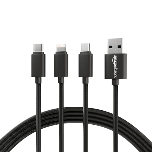 amazon basics 3-in-1 USB Charging Cable | Multipurpose Cord Type C | Lightning & Micro USB Cable | For iPhone, Smartphones & Other Devices | 1.25 Meter (Black)
