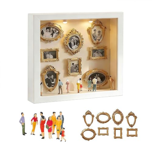 Xuwajeyu Marco de Fotos Mini Museo DIY, Figuras Miniatura de Personas, Caja de Siluetas con Marco Dorado, Marco de Fotos Miniatura Decoración Vintage para Salón y Dormitorio (Blanco)