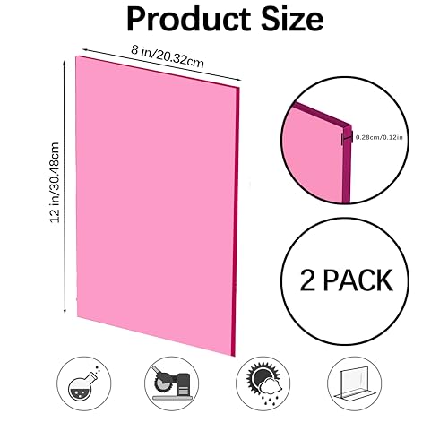 Image of Pink Acrylic Sheets 8 * 12 inch 1 /8 inch Thick (2.8~3mm) Red Transparent Cast Acrylic Plexiglass Board for Sign, DIY Project, Laser Cutting, Wedding, Craft, Picture Frame, Engraving(2 Pieces)