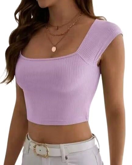 Image of Square Neck Sleeveless Unique Crop Top for Women - Lycra, Solid Design, Comfortable Fit, Stylish Summers
