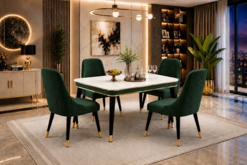 Image of WOODEN SPACE Majestic 4 Seater Wooden Dining Table Set | Urban Marble Top Dining Table with Chairs for Dining Room & Kitchen (Modern Vento Dark Green) (54 x 36 x 30 inch)