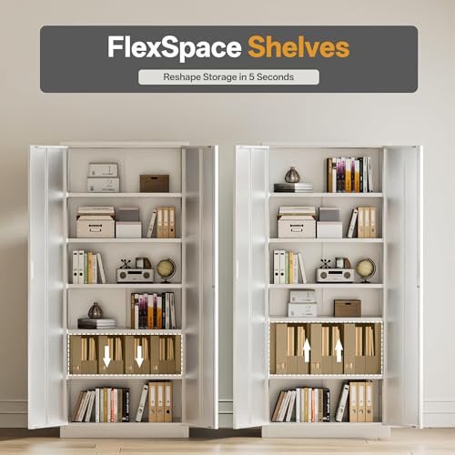Image of Metal Garage Storage Cabinets,71 inch Tall Metal File Cabinet with 5 Adjustable Shelves, Lockable Storage Cabinets for Office, Home, Garage, Warehouse 71 inch H x 32 inch W x 16 inch D (White)