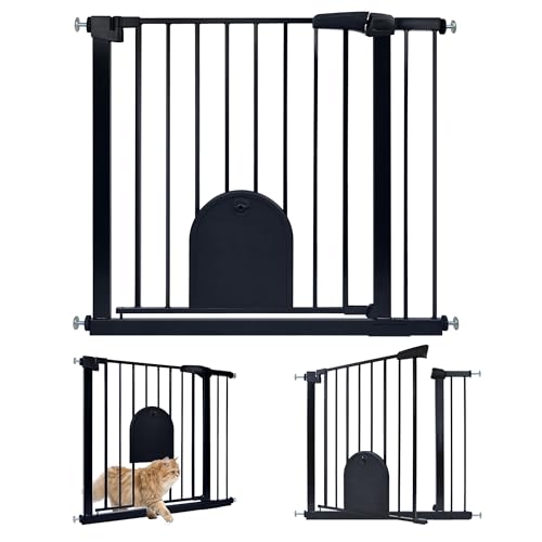 UISEBRT Treppenschutzgitter Türschutzgitter Ohne Bohren Treppengitter mit Katzentür Haustiertür, für Breiten 85-95 cm, Selbstschließend, Einhändiges Öffnen Metall Gitter, Schwarz