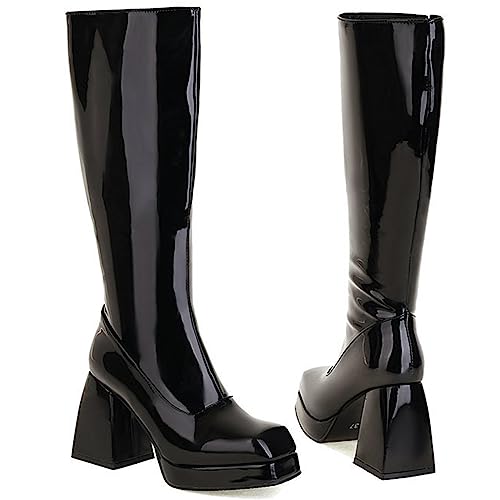 Image of SOVANYOU Black Leather Boots Platform Boots for Women Fashion Square Toe Chunky Block Heeled Boots Side Zip
