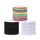 Elastic String for Bracelets Making, 3 Rolls 1MM Stretchy Friendship Bracelet Thread Rope Cord Twine for Beads, Jewelry Making, Necklaces, Beading, Sewing and DIY Wire Crafts (Black, White, Rainbow)