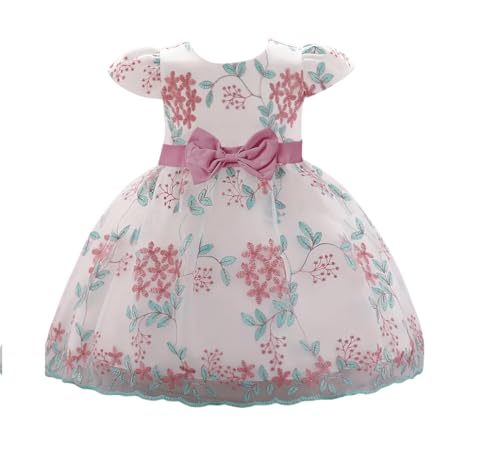 Image of Tagas Girls' Knee-Length Dress|Elegant Floral Embroidered Baby Girl Party Dress with Bow|Soft Net Layered Frock for Birthday, Wedding & Festive Occasions|Comfortable & Stylish