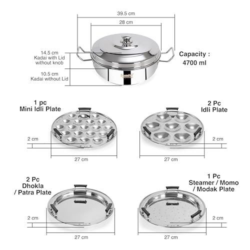 Image of Sumeet ISI Certified Stainless Steel Induction Bottom Heavy Multi Kadai with 6 Plates - 2 Idli, 2 Dhokla /Patra, 1 Momo /Modak /Steamer, 1 Mini Idli Plate - 28cm, 4.7Ltr, Silver