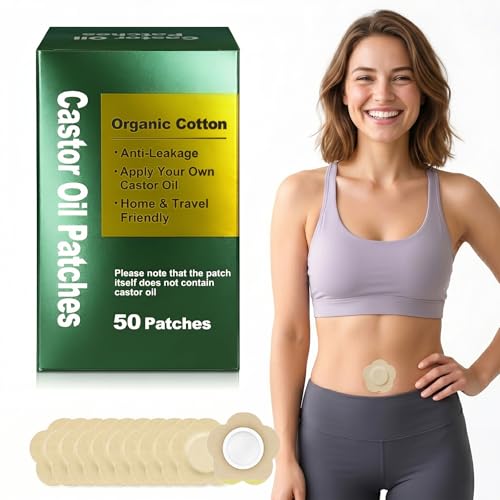 Castor Oil Patches 50 Stück Rizinusöl Pflaster Einweg-Selbstklebepflaster & Auslaufsicher Sauber Atmungsaktiv Und Tragbar Kein Waschen Erforderlich Für Frauen und Männer(Ölfrei)