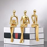 3Pcs Gold Abstract Figurines Thinker Statues, Home Decor Resin Bookshelf Sitting Sculpture, Modern Collectible Accents for Office Living Room Coffee Table Shelves Decoration (Gold)