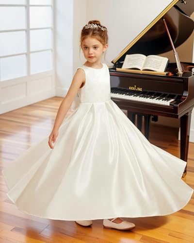 Satin Flower Girl Dresses for Wedding Lace First Communion Dress Girls Junior Bridesmaid Pageant Party Gown with Bow2