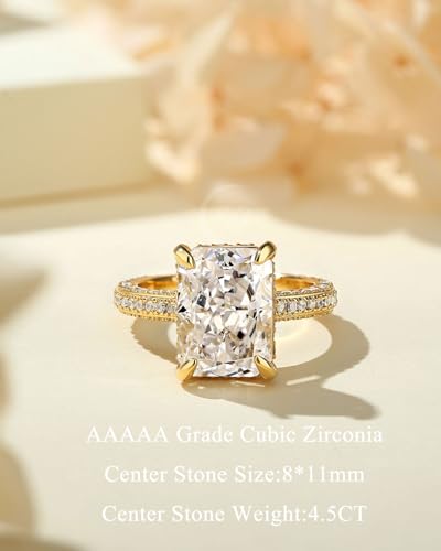 4.5CT Radiant Cut Engagement Rings,Crushed Iced Radiant Cut Rings for Women,Simulated Diamond Ring,925 Sterling Silver Ring in 18K Yellow Gold Plated2