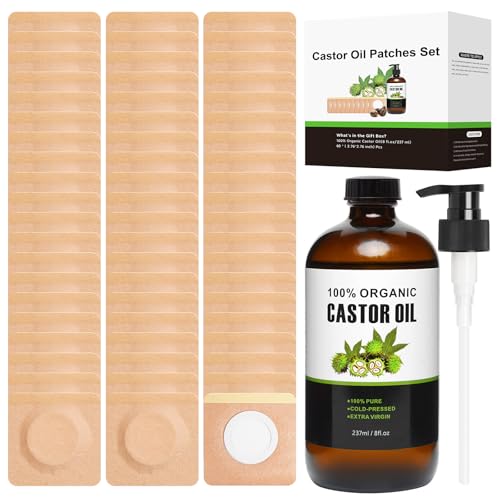 60 Pcs Castor Oil Pack Wrap (8oz/237ml), Self-Adhesive Cotton Castor Oil Patches, Castor Oils Organic Cold Pressed Glass Bottle for Belly Button Stomach Waist Neck Arm Leg Chest Knee
