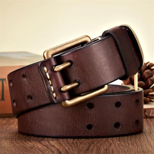 Men’S 3.8Cm Wide Retro Vintage Genuine Leather Belt Copper Double Needle Buckle Handmade Solid Casual Cowboy Jeans Strap2