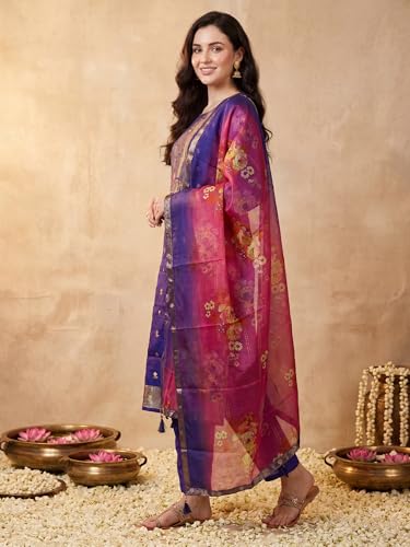 Image of INDO ERA Women's Straight Silk Blend Ethnic Motifs Printed Kurta & Pant With Dupatta Set (IESTR10385)