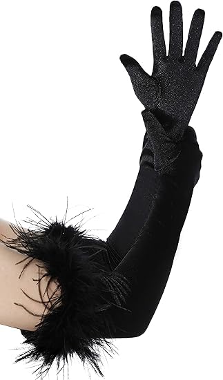 ALUNME Feather Gloves Satin Opera Evening Elbow 1920s Gloves Wedding Women Halloween Costume, black - Image 4