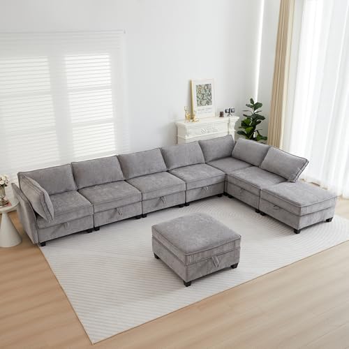 Image of ORRD Corner Modular Sectional Sofa Set, Convertible L Shaped Couch with Storage, 4 Seater Sofa Modular for Living Room, Office (Grey)