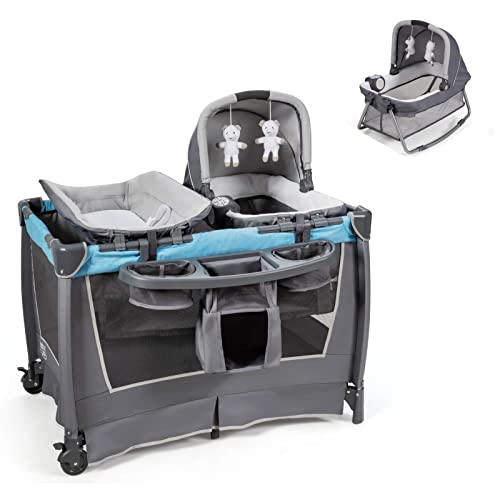 Image of HONEY JOY Pack and Play with Bassinet, 4-in-1 Baby Playard with Changing Table & Removable Infant Full-Size Bassinet, Diaper Storage Basket & Music, Foldable Playpen w/Carry Bag (Blue)