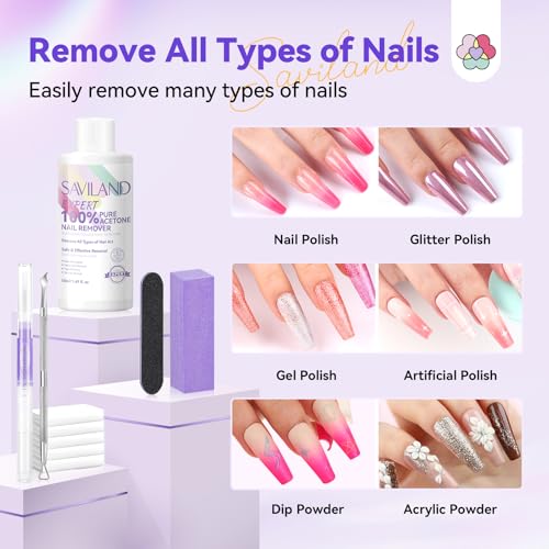 SAVILAND Acetone Nail Polish Remover Kit: 50 ML Expert Gel Nail Polish Remover Non-Drying Gel Remover with Cuticle Oil & Tools Quick Removal for Nail Polish Acrylic Dip Powder DIY Salon