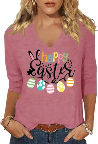 Image of Womens 3 /4 Sleeve V Neck Valentine T Shirts Love Heart Printed Graphic Tee Tops