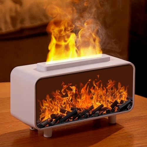 Difusor LED de chimenea, humidificador de aromaterapia de aceite esencial con efecto de llama, 7 colores, luz nocturna, apagado automático, tanque de agua de 230 ml (blanco)