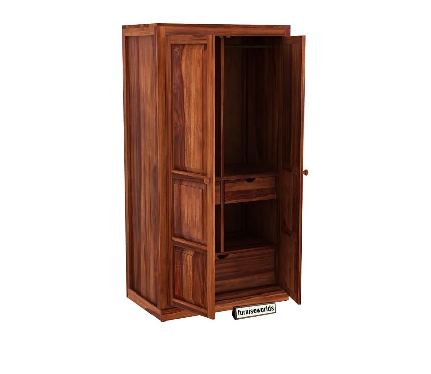 Image of Sheesham Wood Wardrobe with 3 Drawer and 4 Shelves Storage for Bedroom Wooden Almirah for Clothes for Living Room Bedroom Home, Solid Wood Furniture (Brown)
