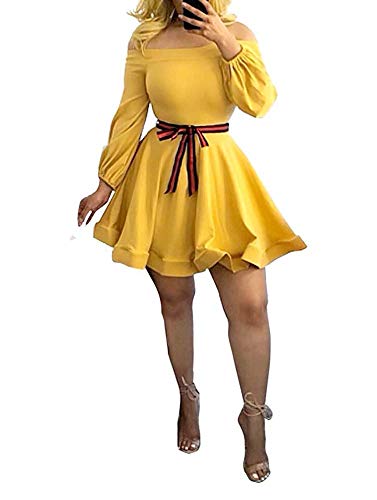 Ophestin Women Off The Shoulder Long Sleeve Bow Tie Stripe Belted Fit and Flare A-Line Skater Mini Short Dress Yellow XL