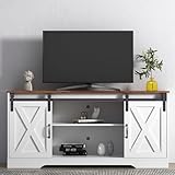 Lostcat TV Stand with 2 Sliding Barn Doors, 59 Inch Television Stands with Adjustable Shelves for TVs Up to 65', Entertainment Center with Storage for Living Room, Distressed White