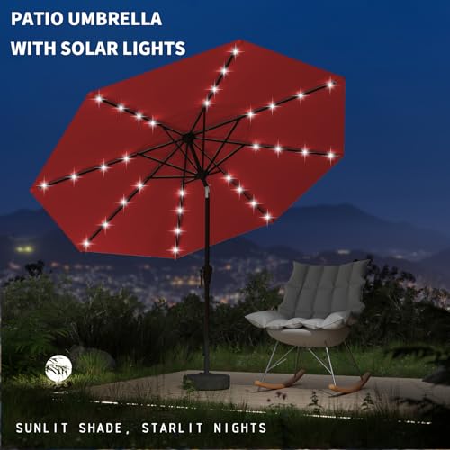 Image of 9FT Patio Umbrella with Solar Lights,Outdoor Market Umbrella with Tilt and Crank, LED Lighted Table Umbrella for Garden,Deck,Backyard,Pool,Beach (Red)
