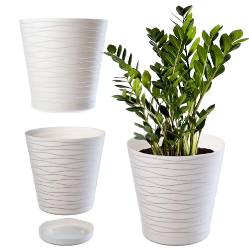 KADAX Maceta con platillo, macetero para Interior, Ligero macetero de plástico, Redondo, para Flores, Plantas, hogar, (25 cm, Color Crema)