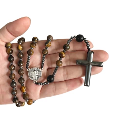 Bovemee San Benito Medalla Catholic Rosaries Rosary Cross Necklace For Men, Nature Stone Rosary Beads Christian Prayer For Catholic Gift3