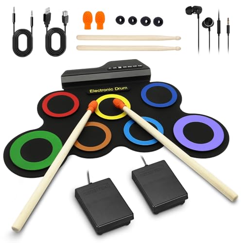 BESFAN Portable Electronic Drum Set - 7 Pads Roll up Drum Practice Pad with Pedals & Stick...