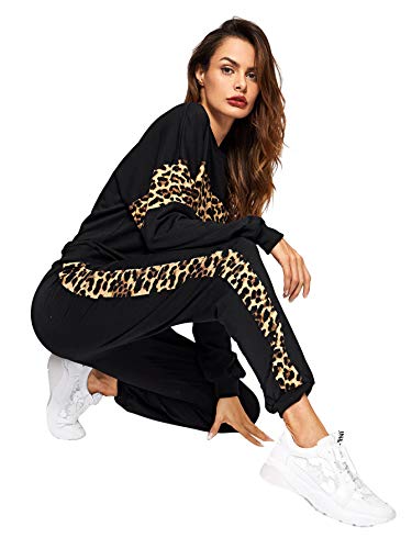Floerns Women's 2 Piece Outfits Leopard Long Sleeve Sweatshirt And Pants Set A Black S #TOP2