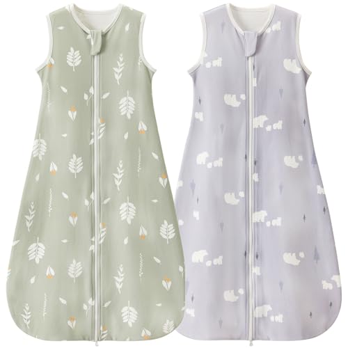 Image of 2 Pack 1 TOG Baby Sleep Sack, 100% Cotton Soft Spring & Autumn Lightweight Sleep Sack for 0-6 Months, Foliage & Bear, S