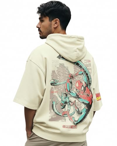 Image of Bewakoof Official Marvel Merchandise Spiderman Men's Graphic Print Oversized Fit Half Sleeve Hooded Cotton T-Shirt
