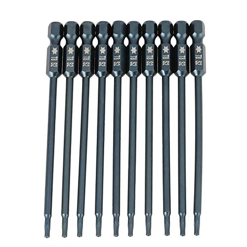 10 Piece T8 Security Star Head Screwdriver Bit Set - 100 mm Length - 1/4 Inch Hex Shank - S2 Alloy Steel Construction - Magnetic Tips Compatible with Most Power Drills and
