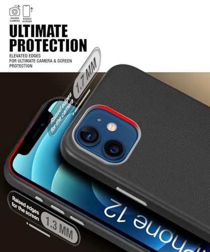 Image of WOW IMAGINE Back Cover for iPhone 12 | Shockproof Tough Leather Texture Hard Mobile Case | Ultra Slim Non-Slip Grip | Inner Velvet Fabric | Metal Camera Ring - Black