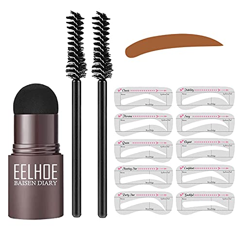 One Step Eyebrow Stamp Shaping Kit，Waterproof Brow Stamp，Eyebrow Pen Brushes with 10 Reusable Eyebrow Stencils， Eyebrow Trimmer Buildable Brow Stencil ​Makeup Tools for Women (Medium Brown)