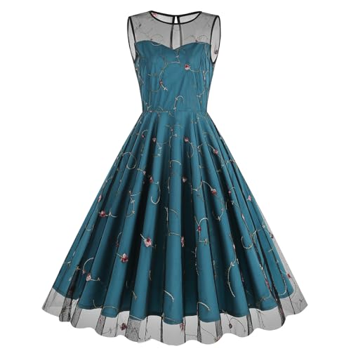 Image of Tulle Embroidery Floral Dress for Women Sleeveless Mesh Flower Embroidered Tulle Prom Dress Summer Wedding Tea Party Dress
