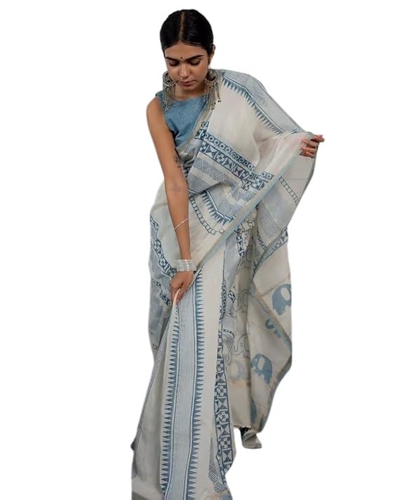 rajeshwar fashion with rf Elegant Pure Linen Cotton Printed White Sky Saree 5.50 Meter long with Matching 0.80 Meter Blouse Piece-picture-55