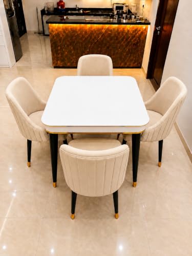 Image of WOODEN SPACE 4 Seater Wooden Dining Table Set | Urban Marble Top Dining Table with Chairs for Dining Room & Kitchen (Modern Infinity Backline Beige) (42 x 42 x 30 inch)