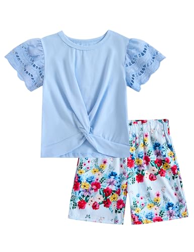 Image of mksodop Girls Clothes 2-Piece Teen Girls clothes Lace Hollow Short-Sleeved Twist T-Shirt And Floral Short Girl Summer Outfits
