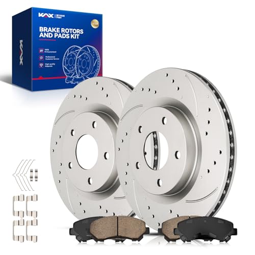 Image of KAX Front Brake Kit Fits Nissan Rogue 2008 2009 2010 2011 2012 2013 | 11.65in Drilled and Slotted Brake Rotors, Ceramic Brake Pads, Automotive Replacement Brake Kit