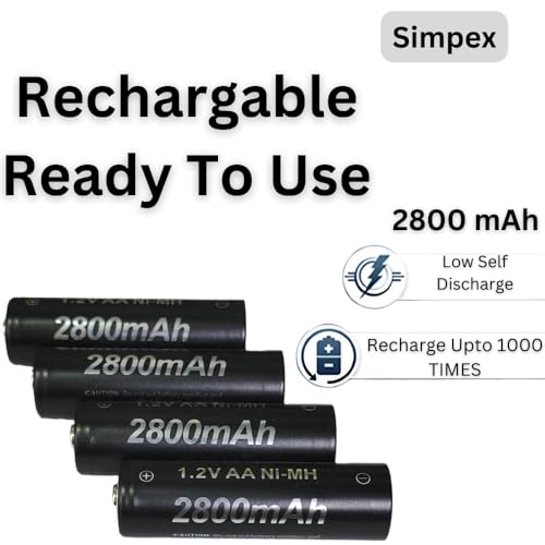 Image of Simpexs 2800mAh High Power Ni-MH AA Ready to Use Rechargeable Battery with Quick Charging and Low Self Discharge, Can Charge up to 1000 Times (Black, 2800mAh-Pack of 4)
