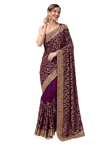 Image of TRENDMALLS Women's Vichitra Silk Heavy Embroidery With Siroski Stone Work Saree with Unstitch Blouse Piece For Women