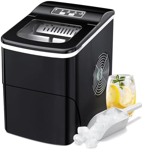 RWFlame Ice Maker Machine, Countertop Ice Cube Machines Make 26 Lbs ice in 24 Hrs, Ice Cubes Ready in 6 Mins, Ice Maker Self-cleaning with Ice Scoop & Basket for Home/Office/Bar (Black