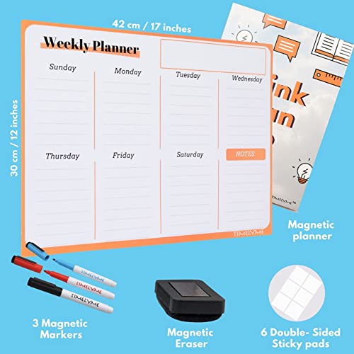 Magnetic Calendar Dry Erase Whiteboard for Fridge, Daily, Weekly Planner Organizer, 42x30cm Premium Stain Resistant Refrigerator Magnet Board includes 3 Markers and Eraser