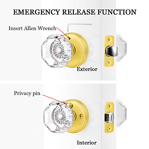 Clctk Privacy Crystal Glass Door Knobs Interior With Lock, Modern Octagon Door Knobs For Bedroom/Bathroom, Gold/Polished Brass #TOP3