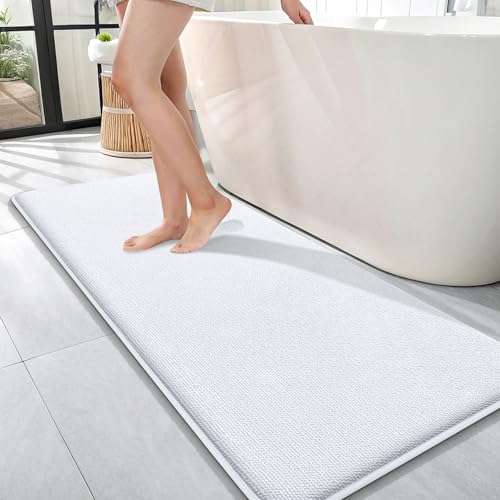 Image of OLANLY Thick Memory Foam Bathroom Runner Rugs 47x17, Extra Soft Absorbent Long Bath Rug, Quick Dry Bath Mats, Non-Slip, Machine Washable Mat for Bathroom, Tub and Shower, Home Decor Accessories, White