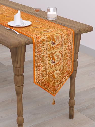 Image of Banarasi Brocade Zari Silk Table Runner Dinning & Centre Table Runner 177 By 30 CM (Mustard Yellow, Peacock)